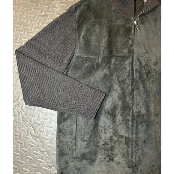 Brandini Black Suede Leather Merino Wool Full Zip Sweater Jacket Mens Size Large - Picture 2 of 8